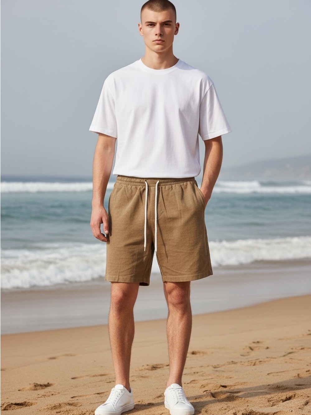 Men's Drawstring Athletic Shorts in Tan